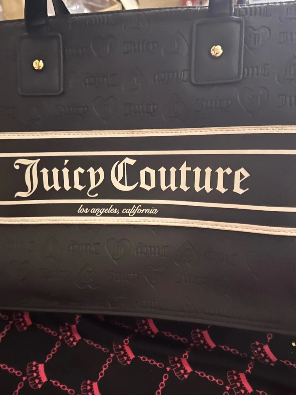 Juicy Couture Black Tote with Cream Logo Stripes